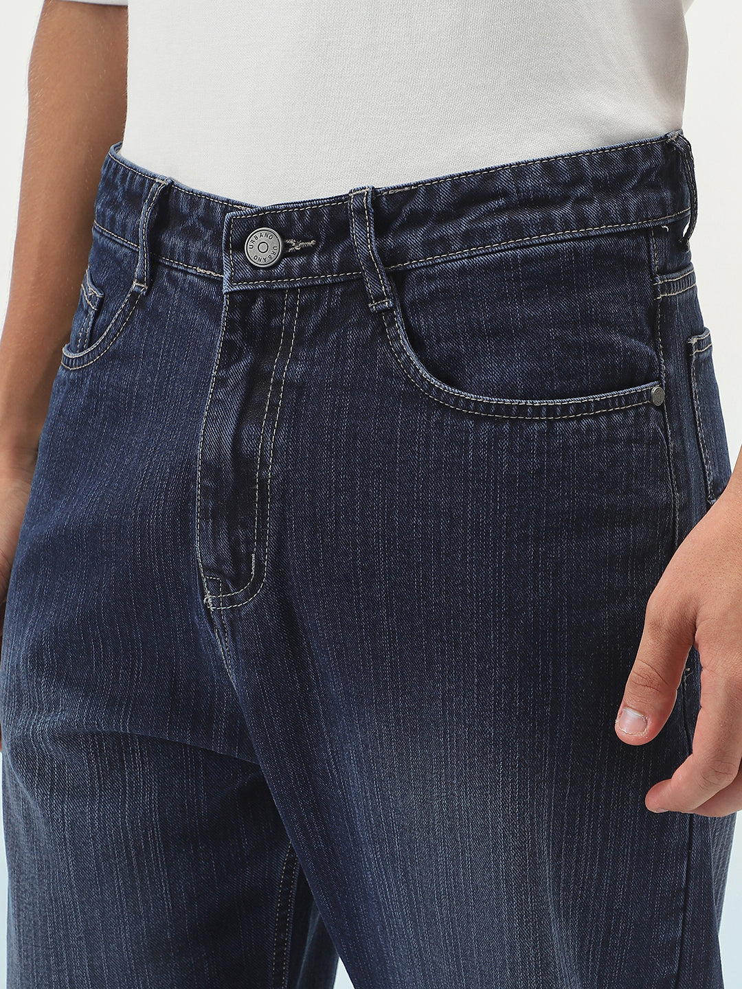 Men's Dark Blue Loose Baggy Fit Washed Denim Jeans Non-Stretchable