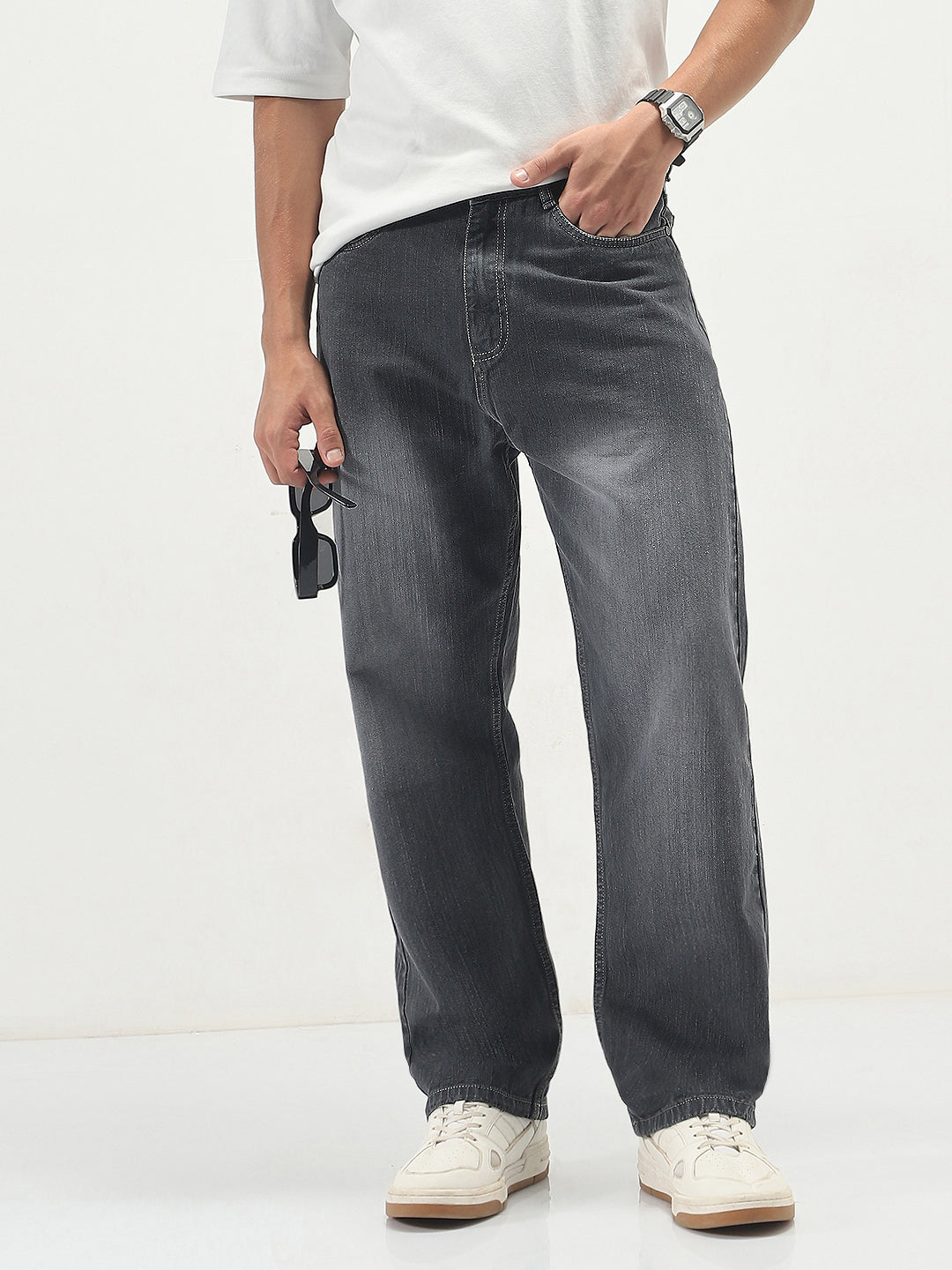 Men's Dark Grey Loose Baggy Fit Washed Denim Jeans Non-Stretchable
