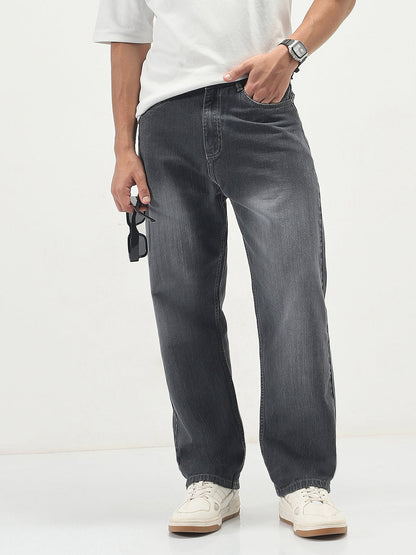 Men's Dark Grey Loose Baggy Fit Washed Denim Jeans Non-Stretchable