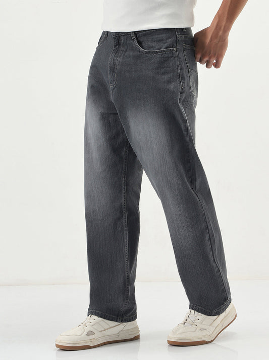 Men's Dark Grey Loose Baggy Fit Washed Denim Jeans Non-Stretchable