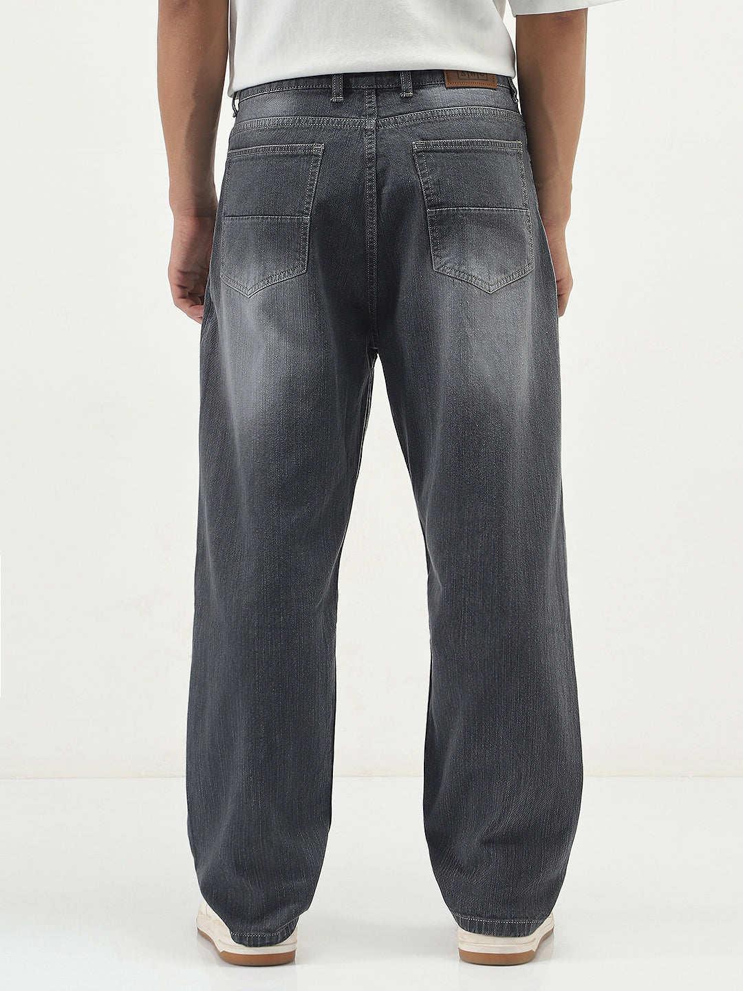 Men's Dark Grey Loose Baggy Fit Washed Denim Jeans Non-Stretchable