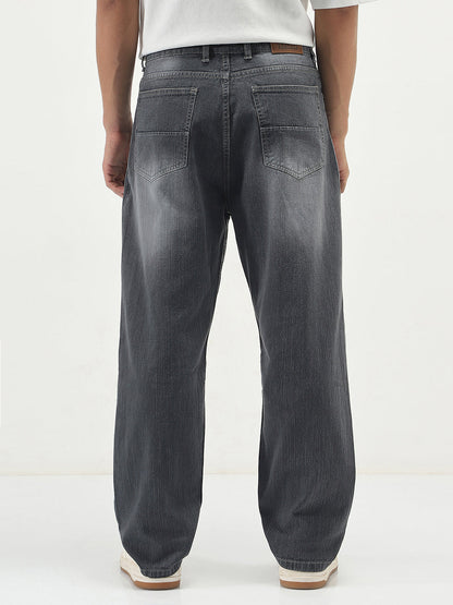 Men's Dark Grey Loose Baggy Fit Washed Denim Jeans Non-Stretchable
