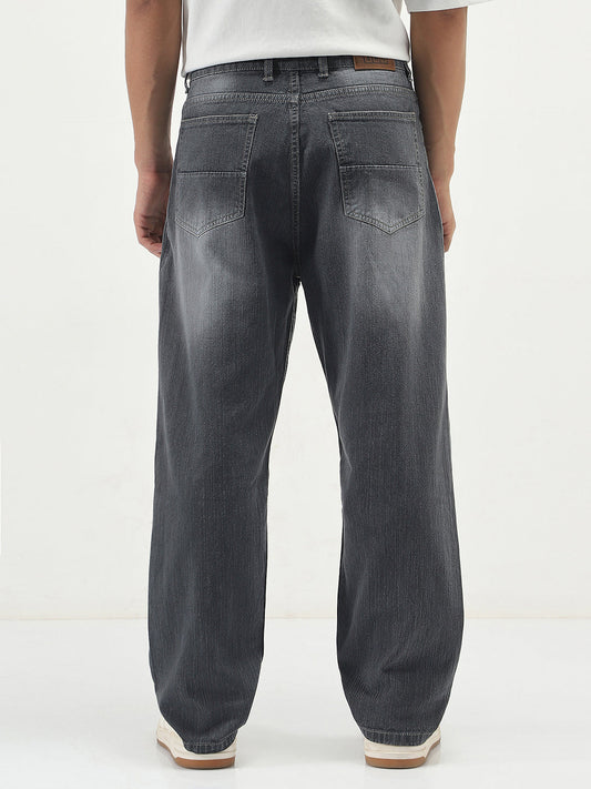 Men's Dark Grey Loose Baggy Fit Washed Denim Jeans Non-Stretchable
