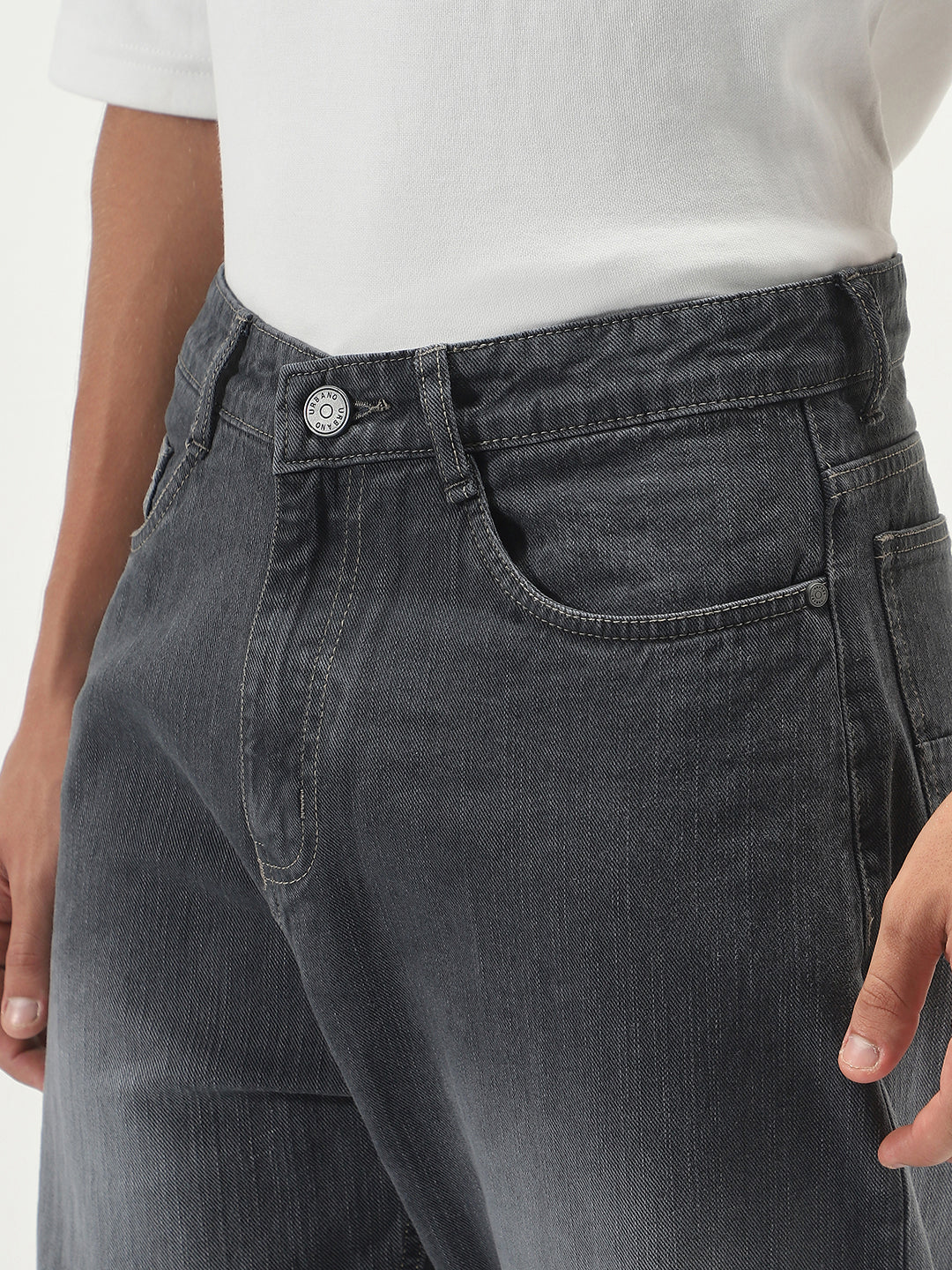 Men's Dark Grey Loose Baggy Fit Washed Denim Jeans Non-Stretchable