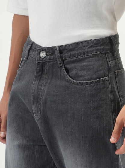 Men's Dark Grey Loose Baggy Fit Washed Denim Jeans Non-Stretchable