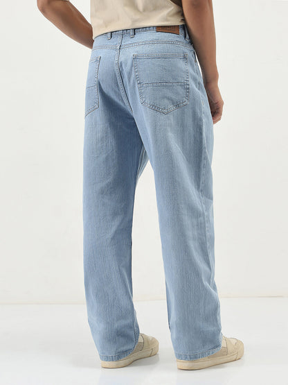 Men's Ice Blue Loose Baggy Fit Washed Denim Jeans Non-Stretchable