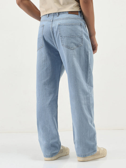 Men's Ice Blue Loose Baggy Fit Washed Denim Jeans Non-Stretchable