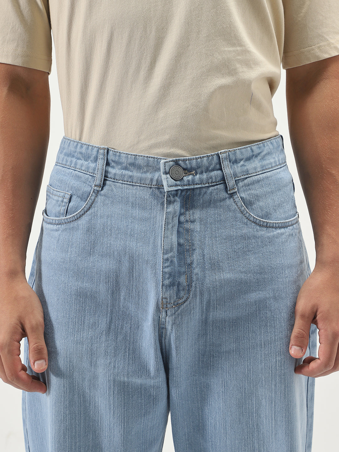 Men's Ice Blue Loose Baggy Fit Washed Denim Jeans Non-Stretchable