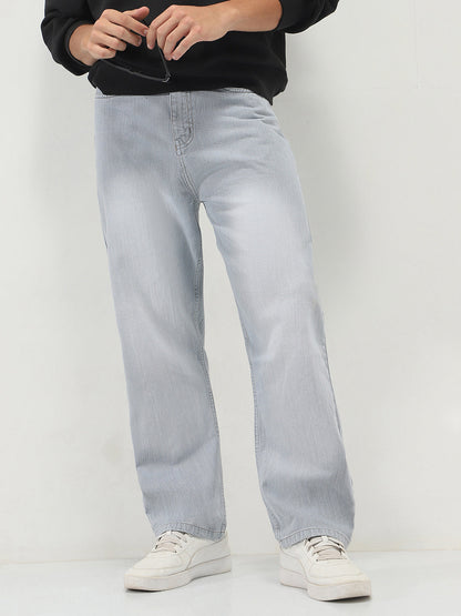 Men's Ice Grey Loose Baggy Fit Washed Denim Jeans Non-Stretchable