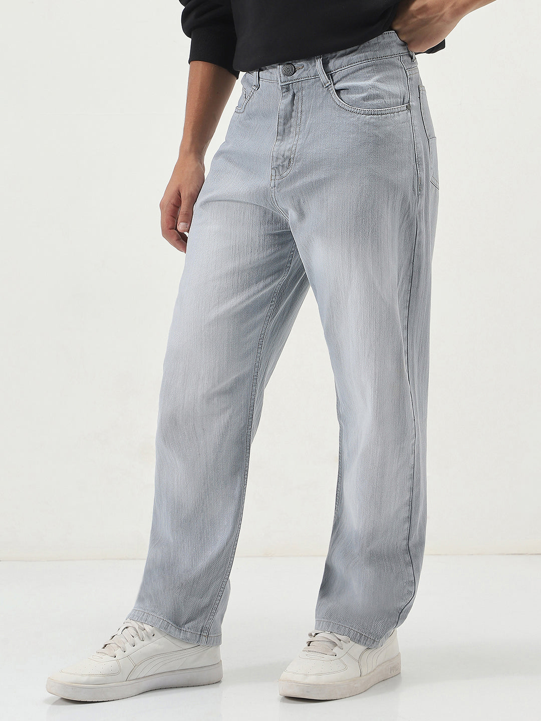 Men's Ice Grey Loose Baggy Fit Washed Denim Jeans Non-Stretchable