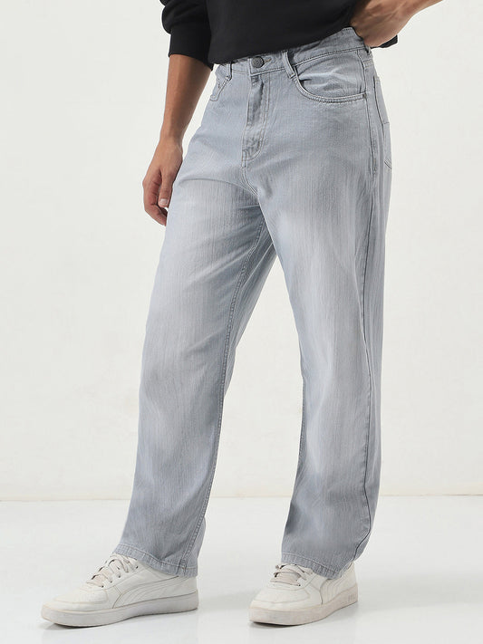 Men's Ice Grey Loose Baggy Fit Washed Denim Jeans Non-Stretchable