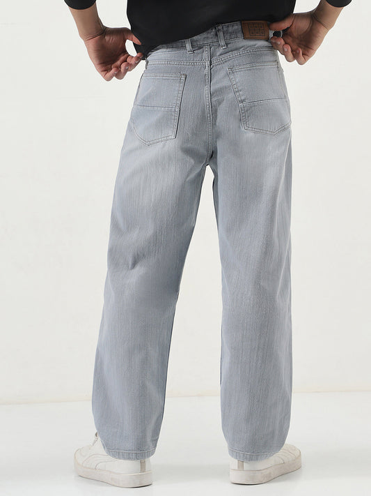 Men's Ice Grey Loose Baggy Fit Washed Denim Jeans Non-Stretchable
