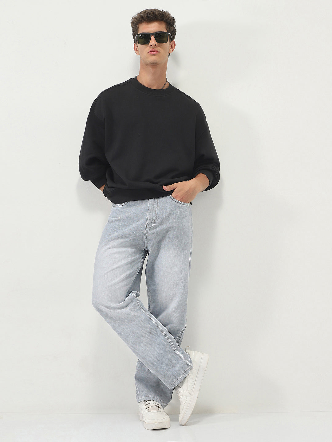 Men's Ice Grey Loose Baggy Fit Washed Denim Jeans Non-Stretchable