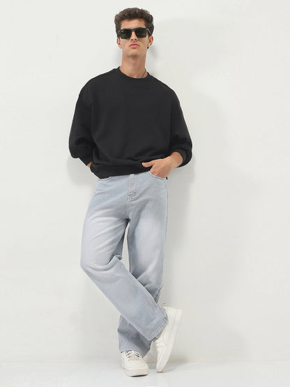 Men's Ice Grey Loose Baggy Fit Washed Denim Jeans Non-Stretchable