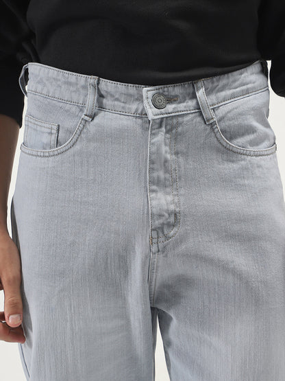 Men's Ice Grey Loose Baggy Fit Washed Denim Jeans Non-Stretchable