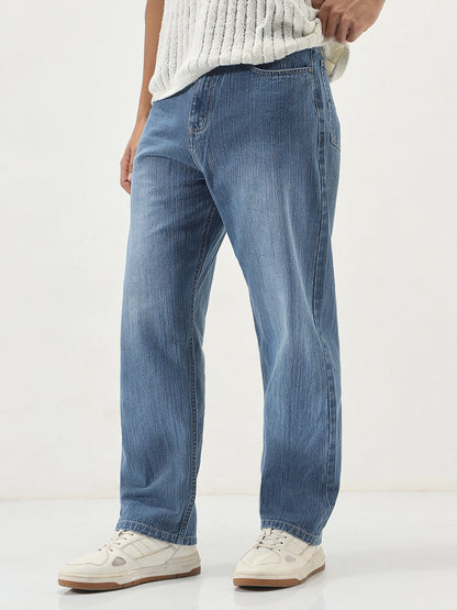 Men's Light Blue Loose Baggy Fit Washed Denim Jeans Non-Stretchable