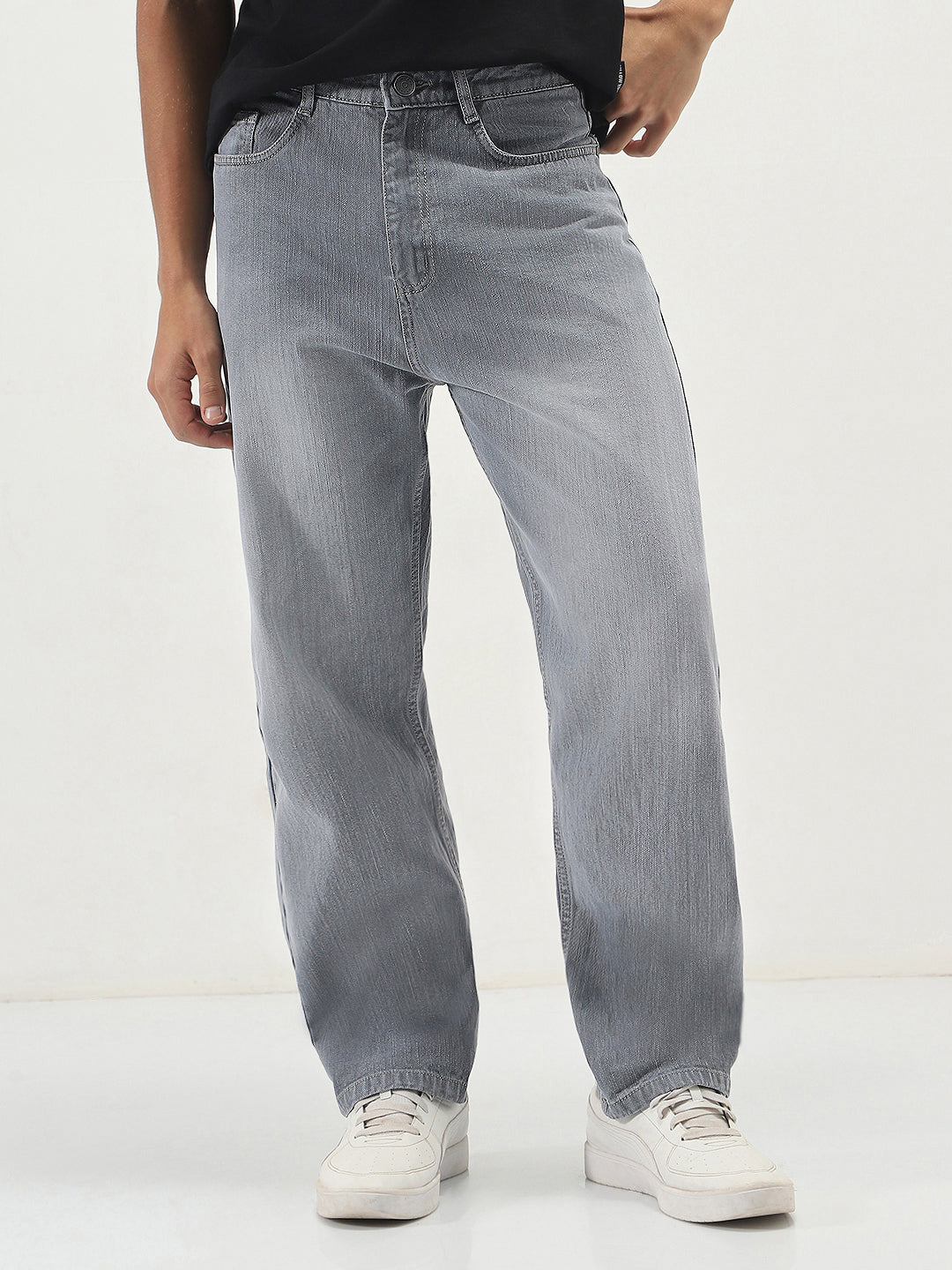 Men's Light Grey Loose Baggy Fit Washed Denim Jeans Non-Stretchable