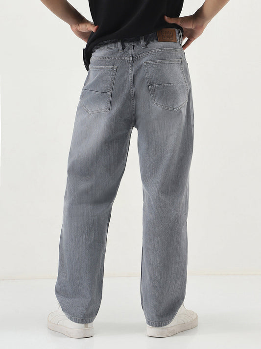 Men's Light Grey Loose Baggy Fit Washed Denim Jeans Non-Stretchable