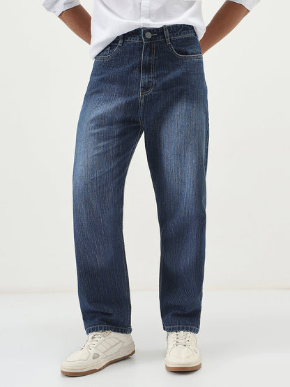 Men's Blue Loose Baggy Fit Washed Denim Jeans Non-Stretchable