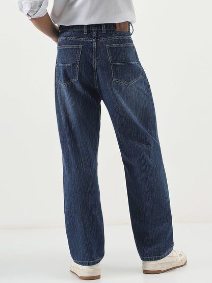 Men's Blue Loose Baggy Fit Washed Denim Jeans Non-Stretchable