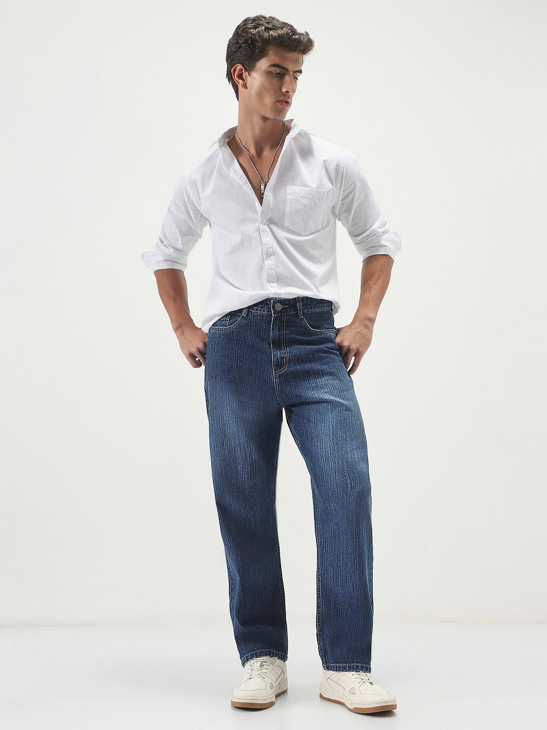 Men's Blue Loose Baggy Fit Washed Denim Jeans Non-Stretchable