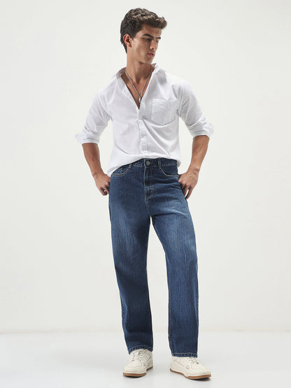 Men's Blue Loose Baggy Fit Washed Denim Jeans Non-Stretchable