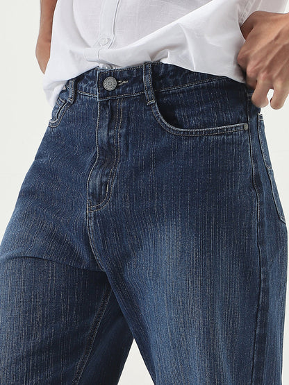Men's Blue Loose Baggy Fit Washed Denim Jeans Non-Stretchable