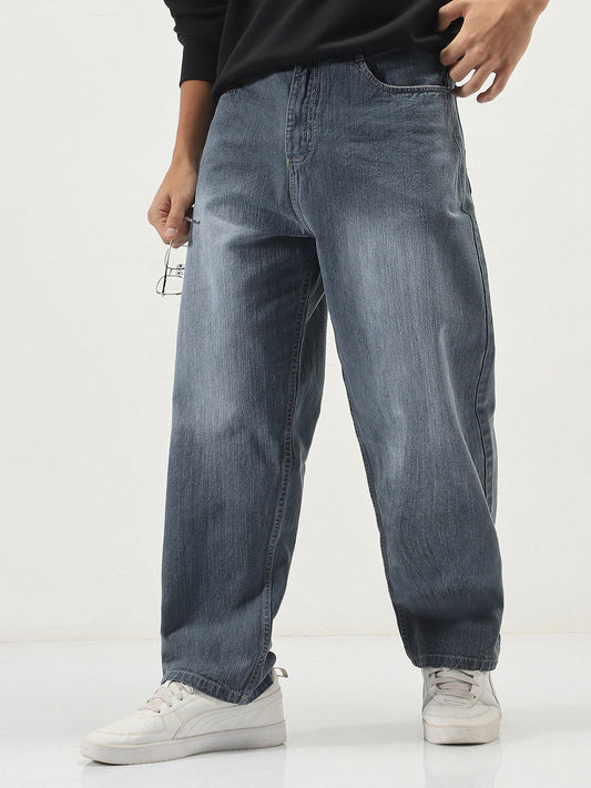 Men's Grey Loose Baggy Fit Washed Denim Jeans Non-Stretchable
