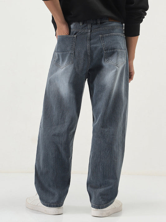 Men's Grey Loose Baggy Fit Washed Denim Jeans Non-Stretchable