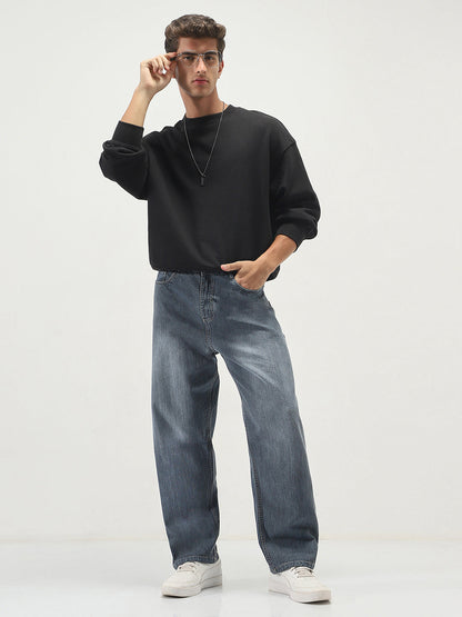 Men's Grey Loose Baggy Fit Washed Denim Jeans Non-Stretchable