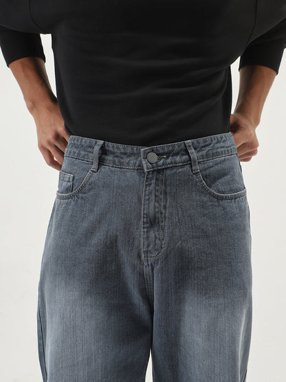 Men's Grey Loose Baggy Fit Washed Denim Jeans Non-Stretchable