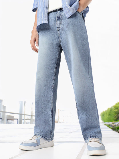 Men's Light Blue Loose Baggy Fit Washed Jeans Non-Stretchable