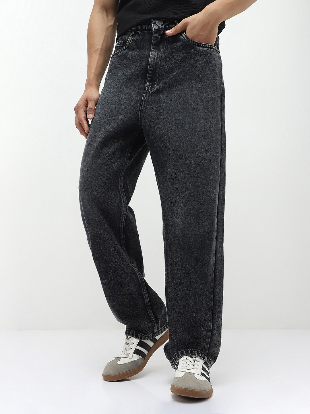 Men's Black Loose Baggy Fit Heavy Washed Jeans Non-Stretchable