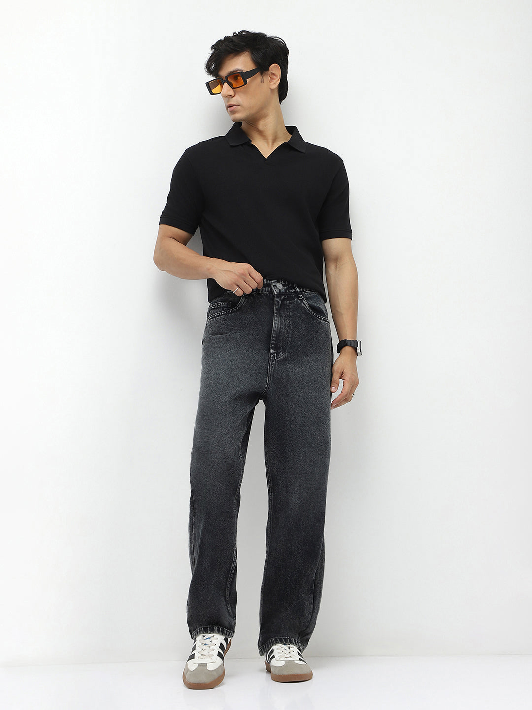 Men's Black Loose Baggy Fit Heavy Washed Jeans Non-Stretchable