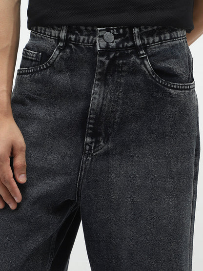 Men's Black Loose Baggy Fit Heavy Washed Jeans Non-Stretchable