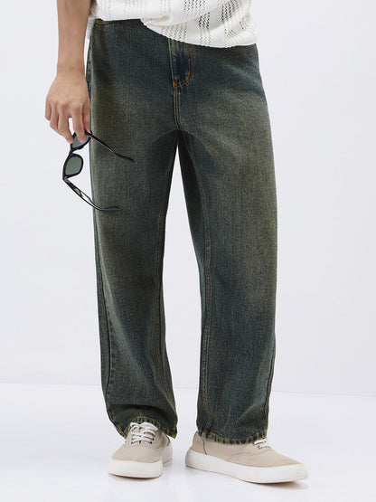 Men's Dark Blue Loose Baggy Fit Heavy Washed Jeans Non-Stretchable