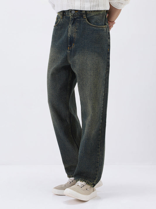 Men's Dark Blue Loose Baggy Fit Heavy Washed Jeans Non-Stretchable