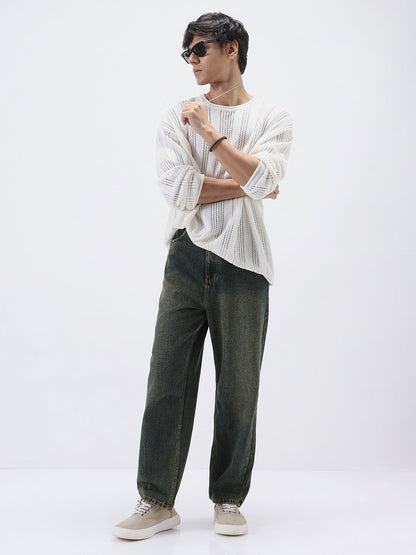 Men's Dark Blue Loose Baggy Fit Heavy Washed Jeans Non-Stretchable