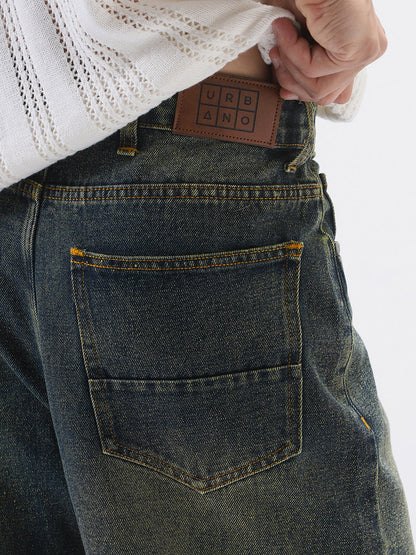 Men's Dark Blue Loose Baggy Fit Heavy Washed Jeans Non-Stretchable