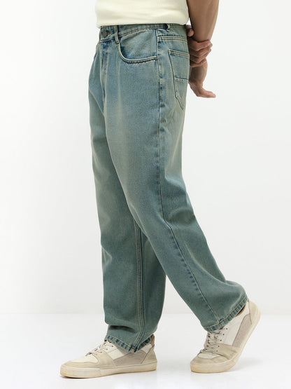 Men's Ice Blue Loose Baggy Fit Heavy Washed Jeans Non-Stretchable