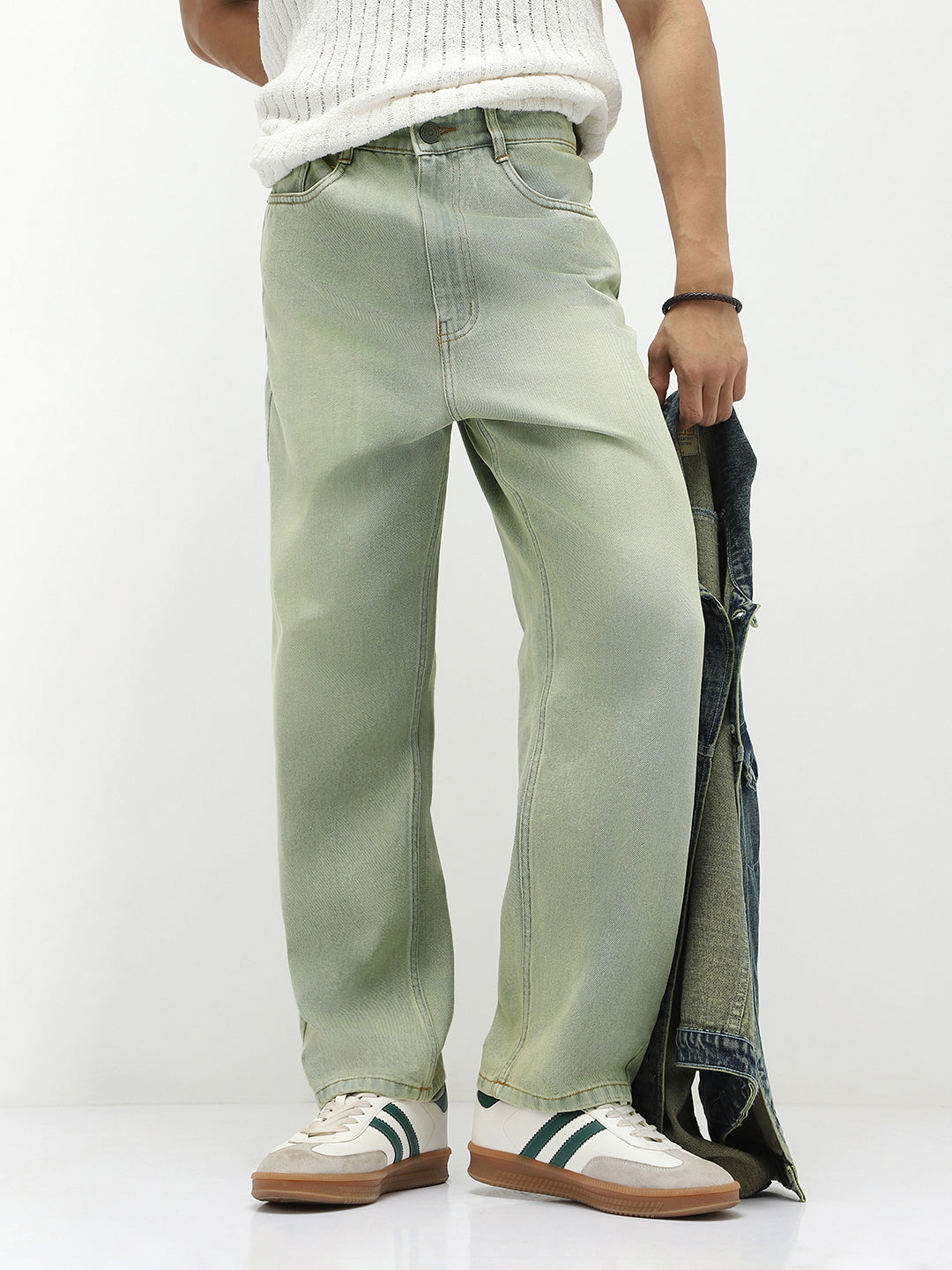 Men's Ice Grey Loose Baggy Fit Heavy Washed Jeans Non-Stretchable