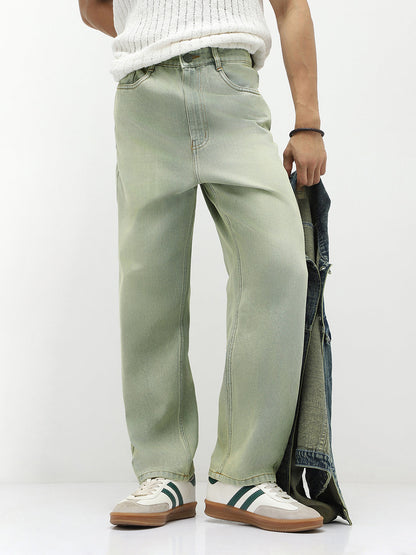 Men's Ice Grey Loose Baggy Fit Heavy Washed Jeans Non-Stretchable