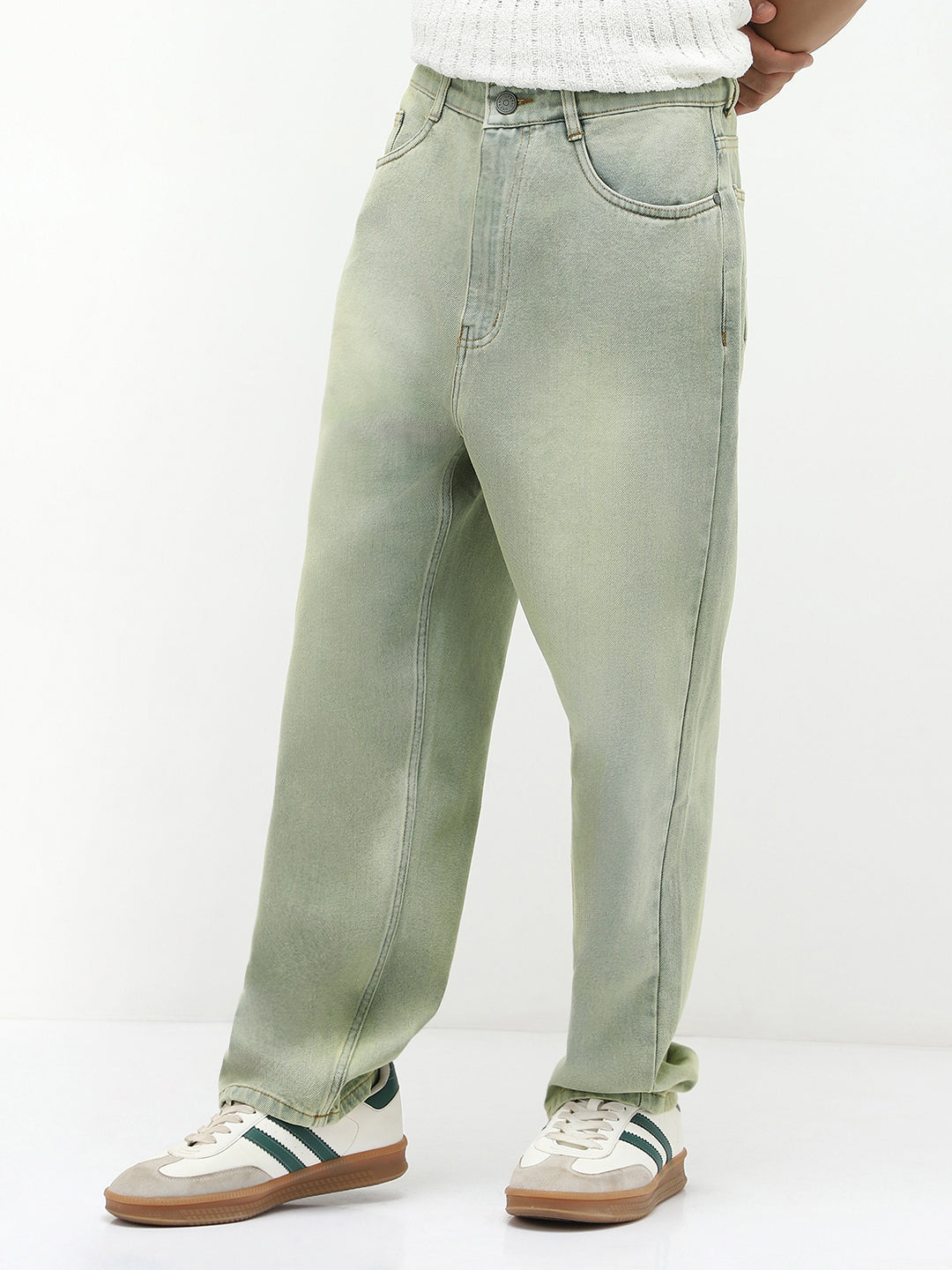 Men's Ice Grey Loose Baggy Fit Heavy Washed Jeans Non-Stretchable