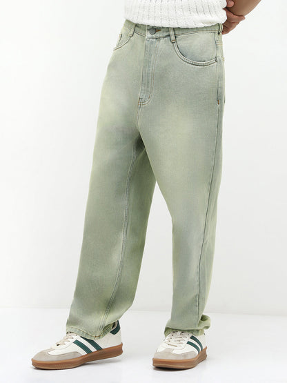 Men's Ice Grey Loose Baggy Fit Heavy Washed Jeans Non-Stretchable