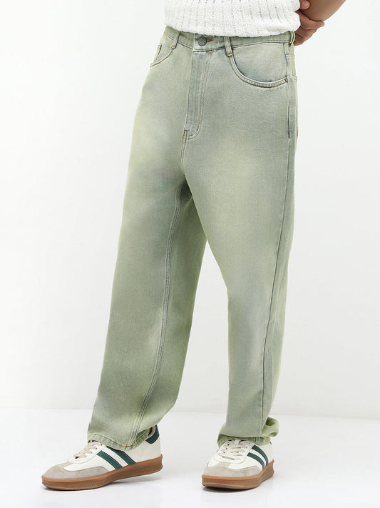 Men's Ice Grey Loose Baggy Fit Heavy Washed Jeans Non-Stretchable