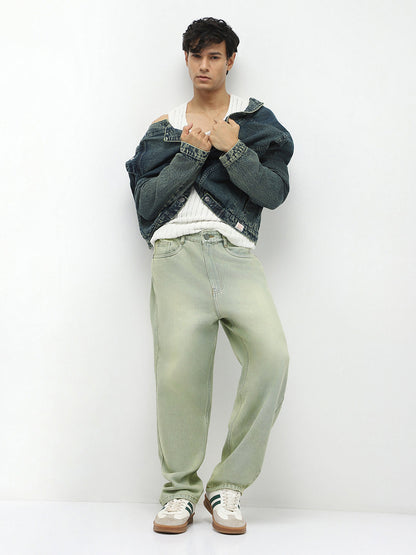 Men's Ice Grey Loose Baggy Fit Heavy Washed Jeans Non-Stretchable