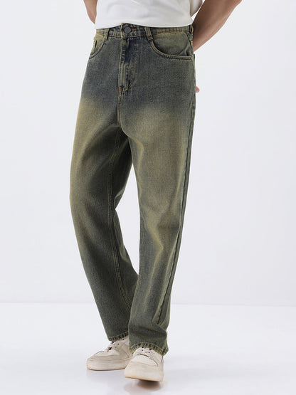 Men's Light Blue Loose Baggy Fit Heavy Washed Jeans Non-Stretchable
