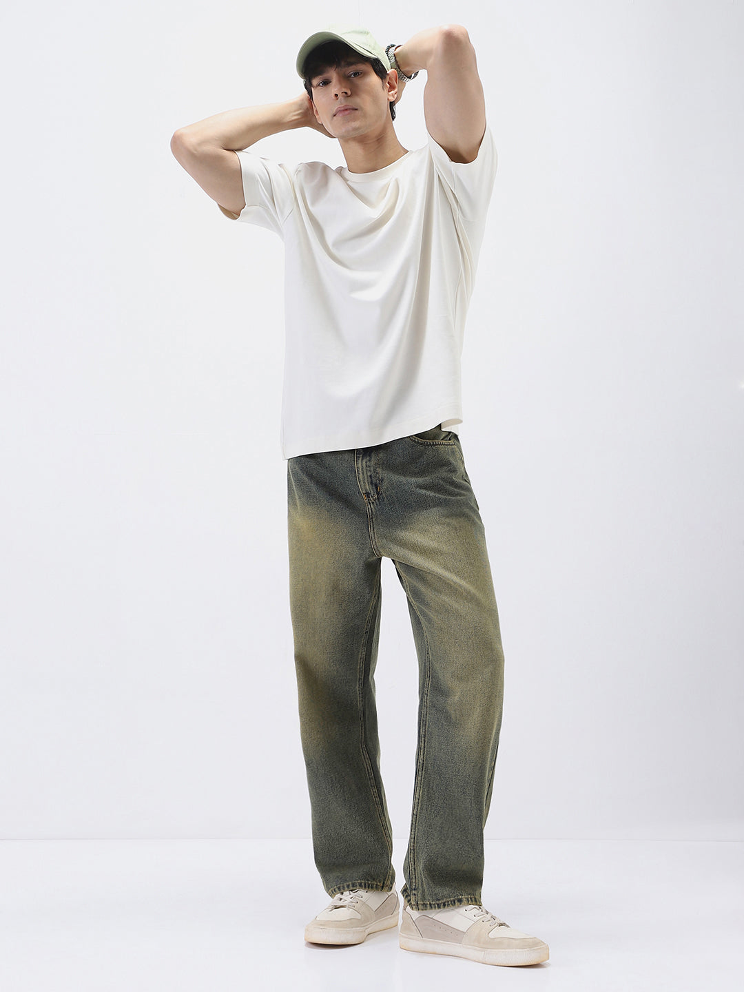 Men's Light Blue Loose Baggy Fit Heavy Washed Jeans Non-Stretchable