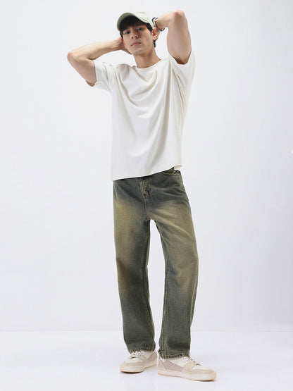 Men's Light Blue Loose Baggy Fit Heavy Washed Jeans Non-Stretchable