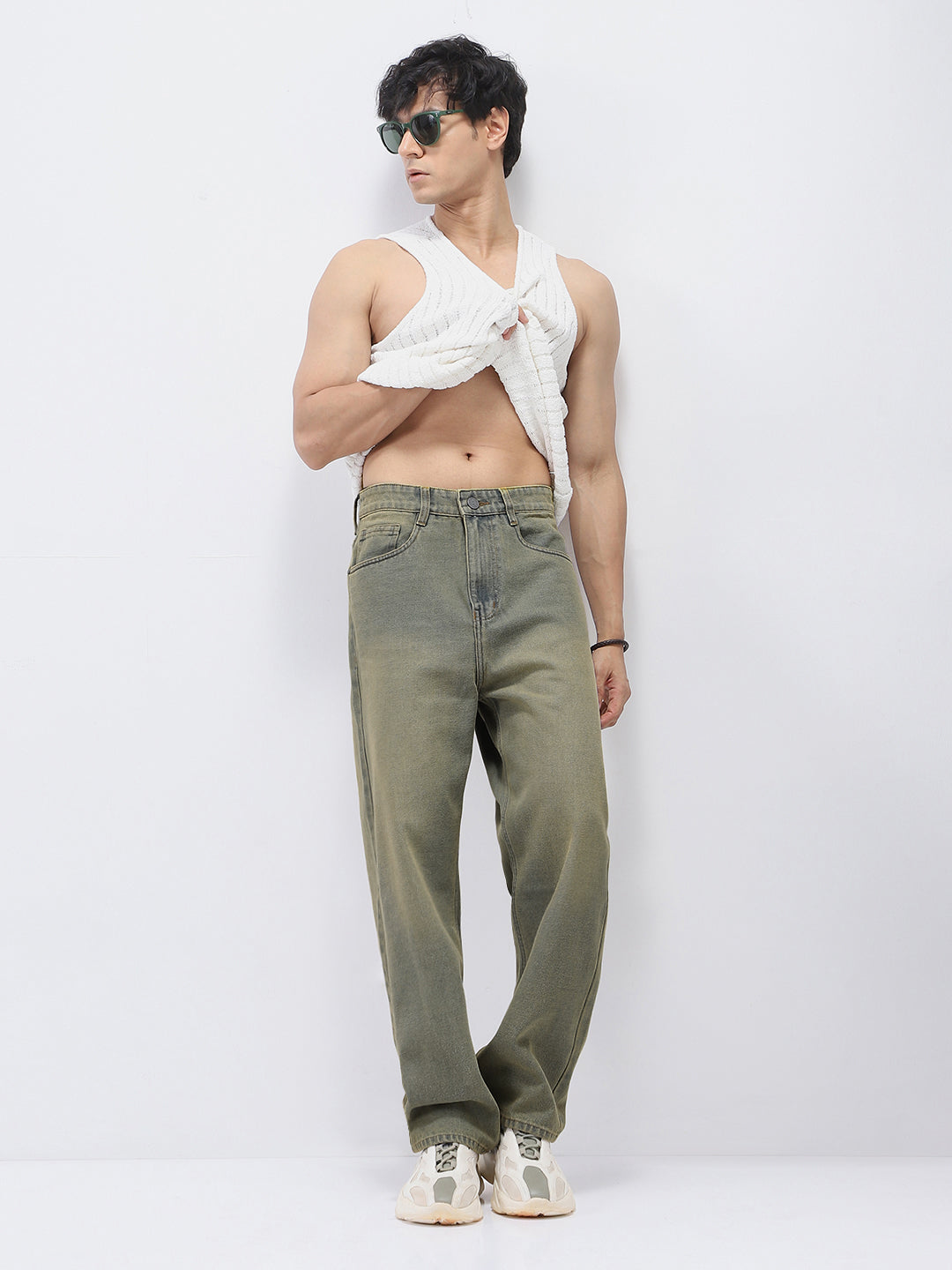 Men's Light Grey Loose Baggy Fit Heavy Washed Jeans Non-Stretchable